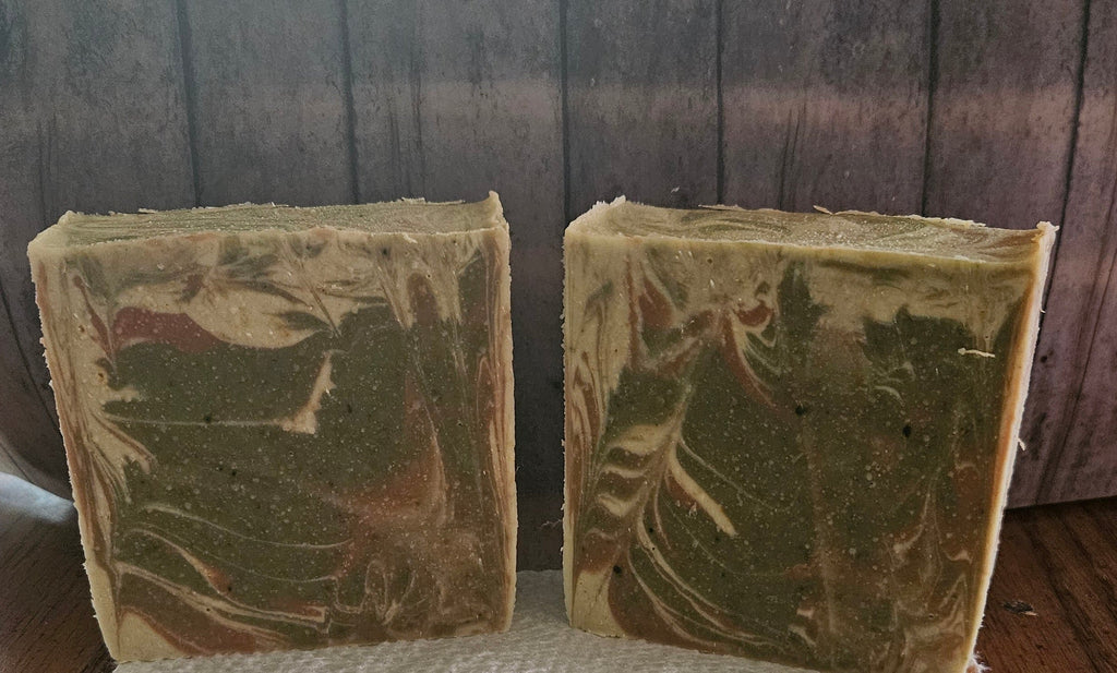 Earth and Dew Botanical Bar - two handcrafted bars with earthy green and cream swirl pattern