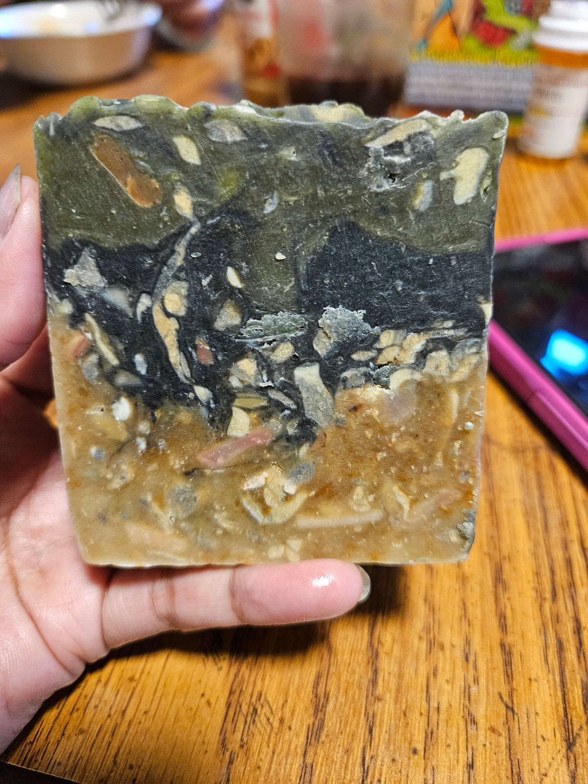 Wild Meadow Mosaic Soap bar showing two-tone layers with soap confetti shavings