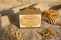 Goat Milk Oat & Honey Soap Bar front label on linen with oat and honey props
