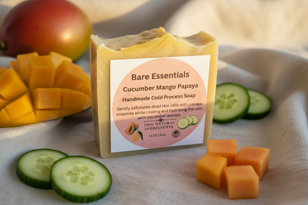 Cucumber Mango Papaya Handmade Soap Bar on linen with fresh fruit props