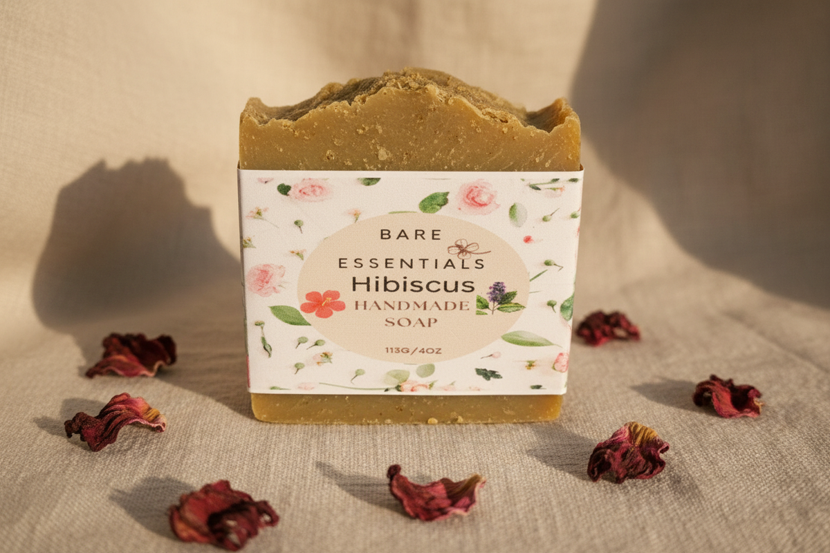 Bare Essentials Hibiscus Handmade Soap Bar front label